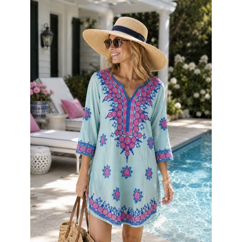 Debbie‎ Katz Women's Aqua Beach Cover Up Embroidered Tunic In XL Boutique